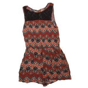 BONGO Geometric Tribal Print Lace Romper Shorts Tank Top Pockets Juniors Large